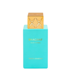 Turquoise perfume bottle with gold cap on a white background. Shaghaf Oud Tonka Unisex Perfume