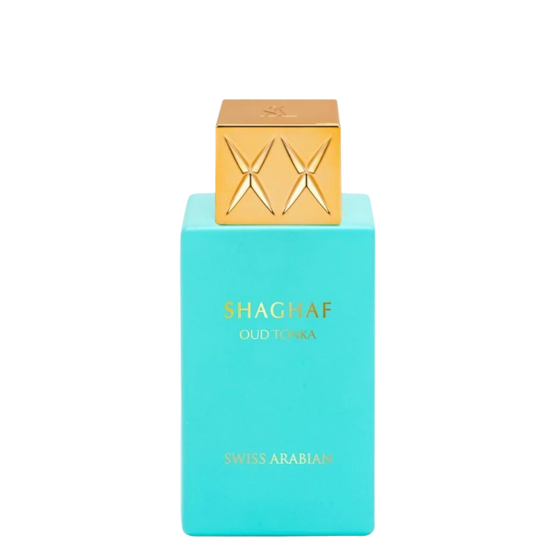 Turquoise perfume bottle with gold cap on a white background. Shaghaf Oud Tonka Unisex Perfume