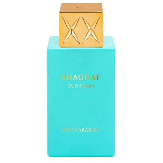 Turquoise perfume bottle with gold cap on a white background. Shaghaf Oud Tonka Unisex Perfume