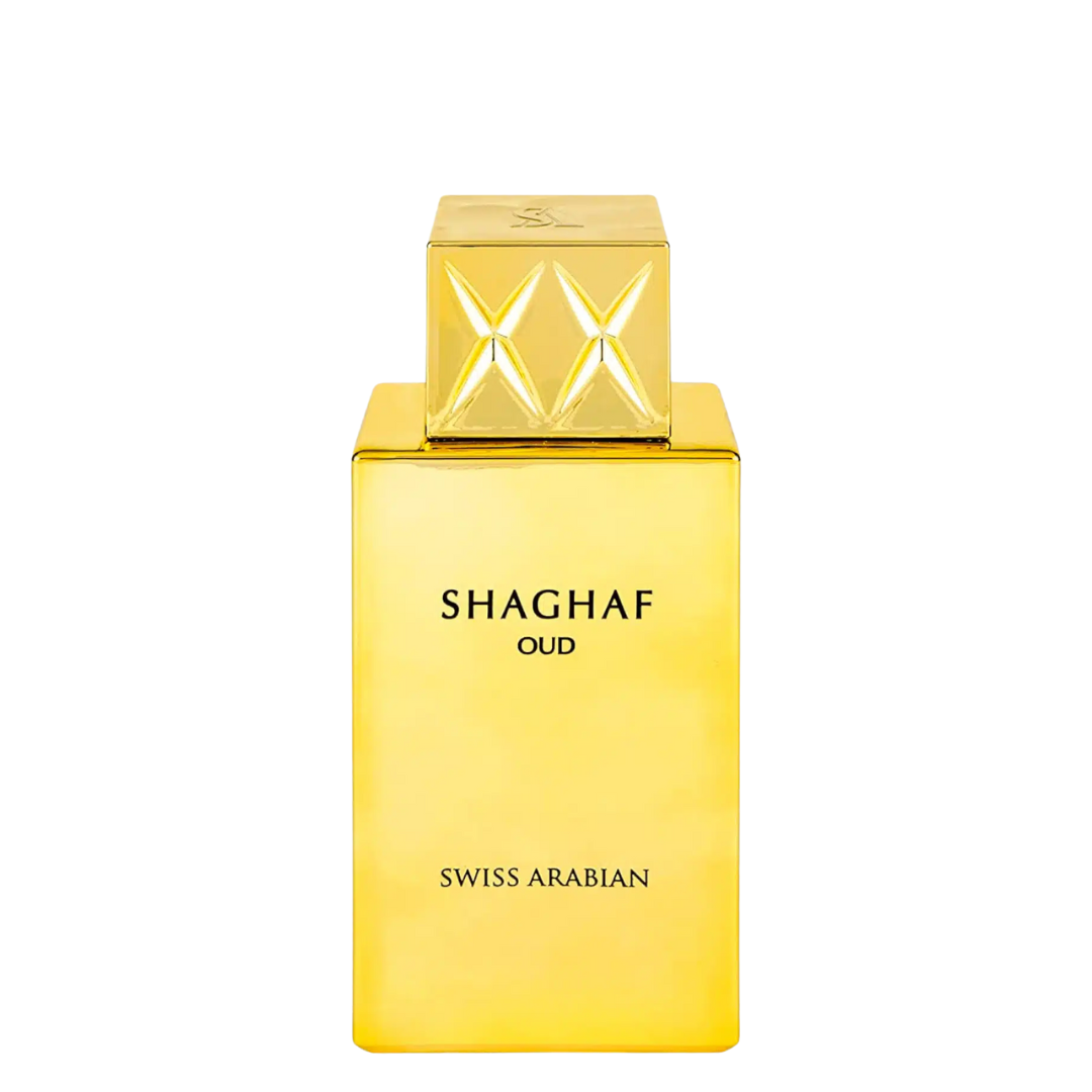 Gold Shaghaf Oud perfume bottle with 'Swiss Arabian' branding on a white background
