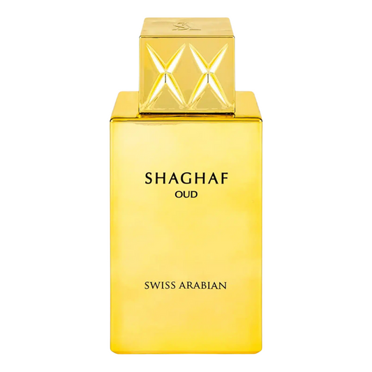 Gold Shaghaf Oud perfume bottle with 'Swiss Arabian' branding on a white background