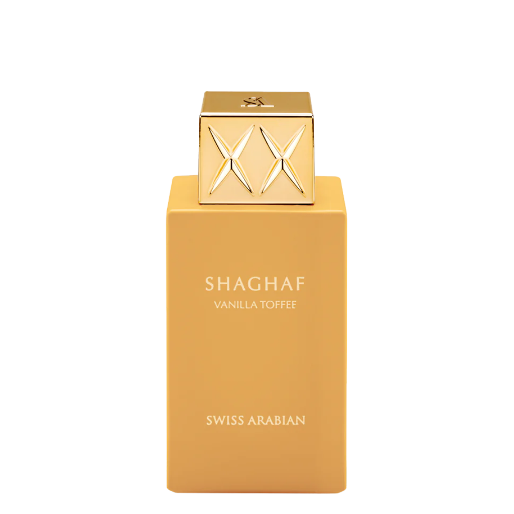 Shaghaf Vanilla Toffee perfume bottle by Swiss Arabian on a white background