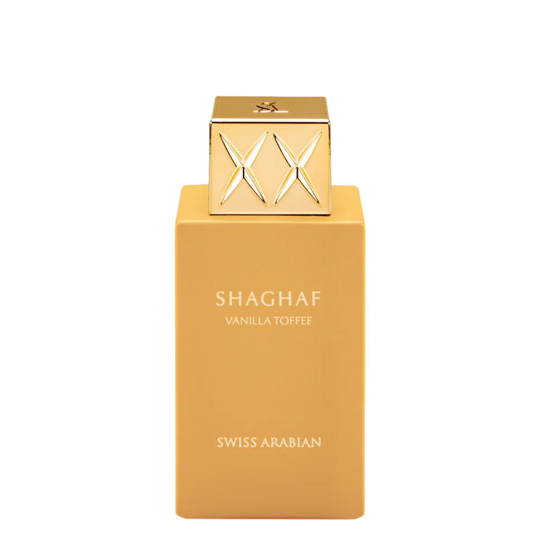 Shaghaf Vanilla Toffee perfume bottle by Swiss Arabian on a white background