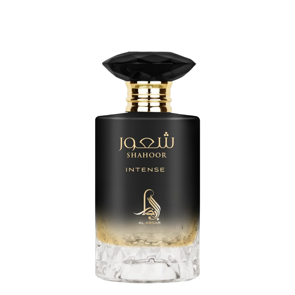 Perfume bottle with black cap and clear base on a white background. Shahoor Intense by Al Absar Mens Perfume