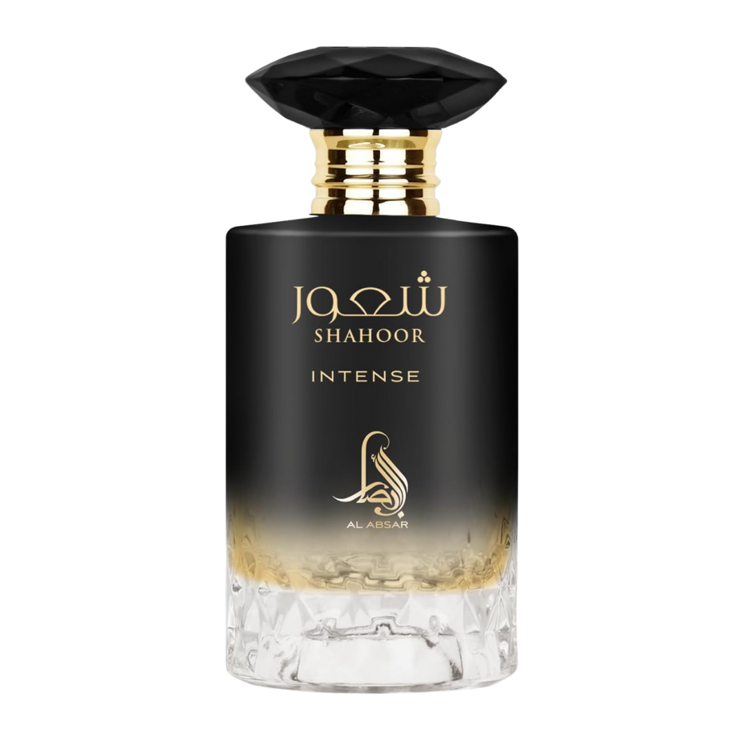 Perfume bottle with black cap and clear base on a white background. Shahoor Intense by Al Absar Mens Perfume