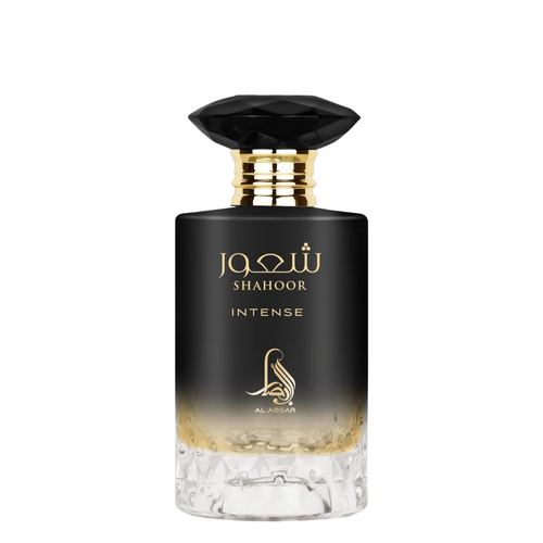 Perfume bottle with black cap and clear base on a white background. Shahoor Intense by Al Absar Mens Perfume