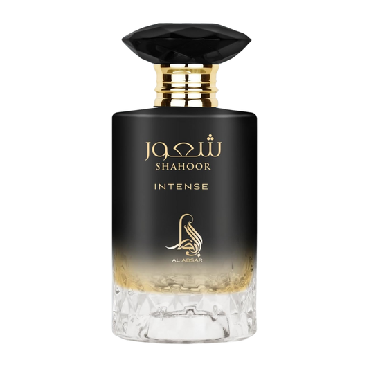 Perfume bottle with black cap and clear base on a white background. Shahoor Intense by Al Absar Mens Perfume