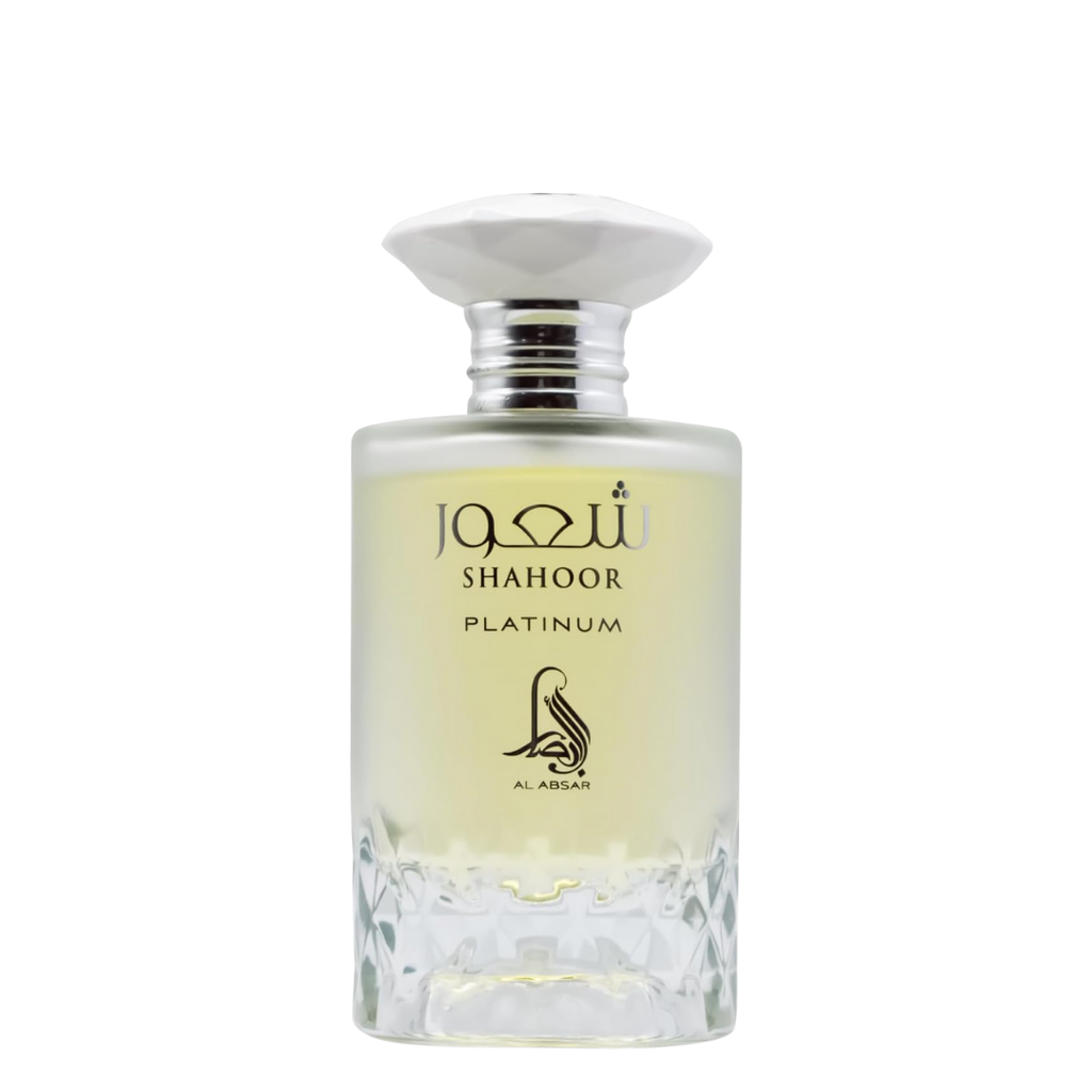 Perfume bottle labeled 'Shahoor Platinum' by Al-Adasr on a white background