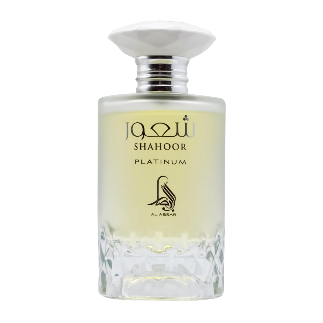 Perfume bottle labeled 'Shahoor Platinum' by Al-Adasr on a white background