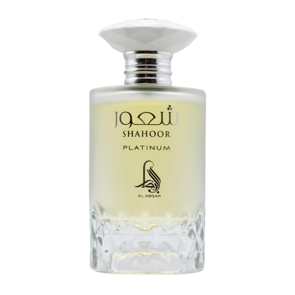 Perfume bottle labeled 'Shahoor Platinum' by Al-Adasr on a white background