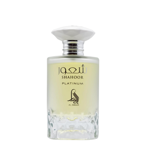 Perfume bottle labeled 'Shahoor Platinum' by Al-Adasr on a white background