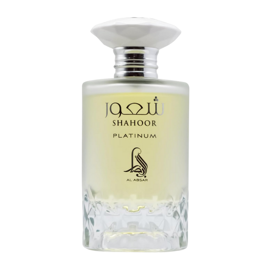 Perfume bottle labeled 'Shahoor Platinum' by Al-Adasr on a white background