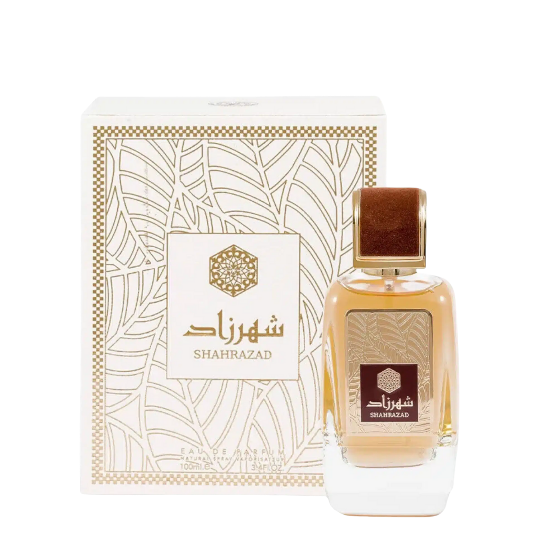 Shahrazad perfume bottle and packaging on a white background. Shahrazad by Ard Al Zaafaran Unisex Perfume