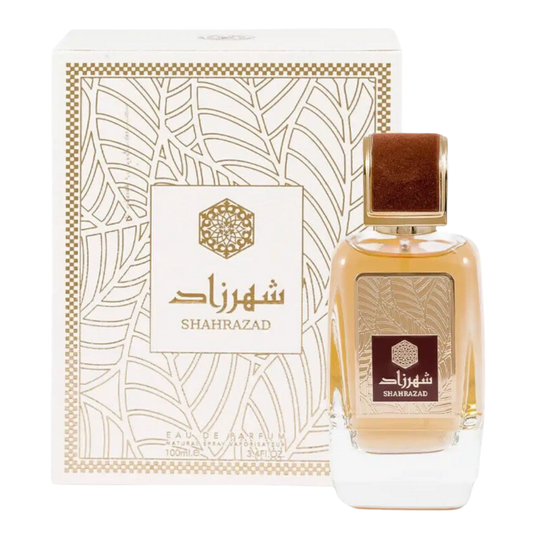 Shahrazad perfume bottle and packaging on a white background. Shahrazad by Ard Al Zaafaran Unisex Perfume