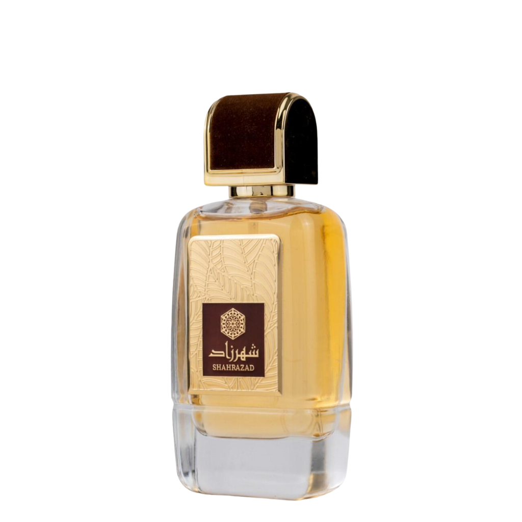 Perfume bottle with gold cap and label on a white background. Shahrazad by Ard Al Zaafaran Unisex Perfume