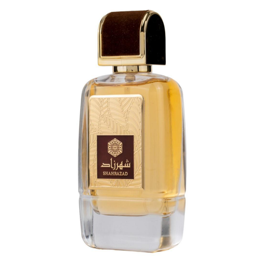 Perfume bottle with gold cap and label on a white background. Shahrazad by Ard Al Zaafaran Unisex Perfume