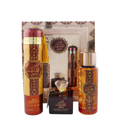 A gift set by Ard Al Zaafaran, including a 100ml EDP perfume bottle, a 250ml perfume mist spray, and a 300ml air freshener, all with the label 'Shams Al Emarat Khususi'.