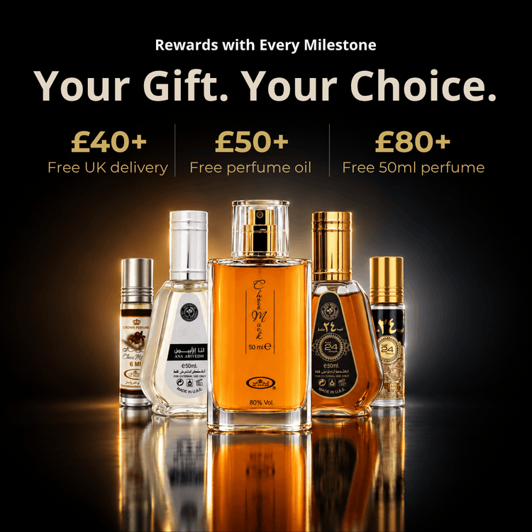 A promotional product shot showing five perfume and fragrance bottles arranged on a glossy black surface against a black background. Large text at the top reads 'Rewards with Every Milestone Your Gift.