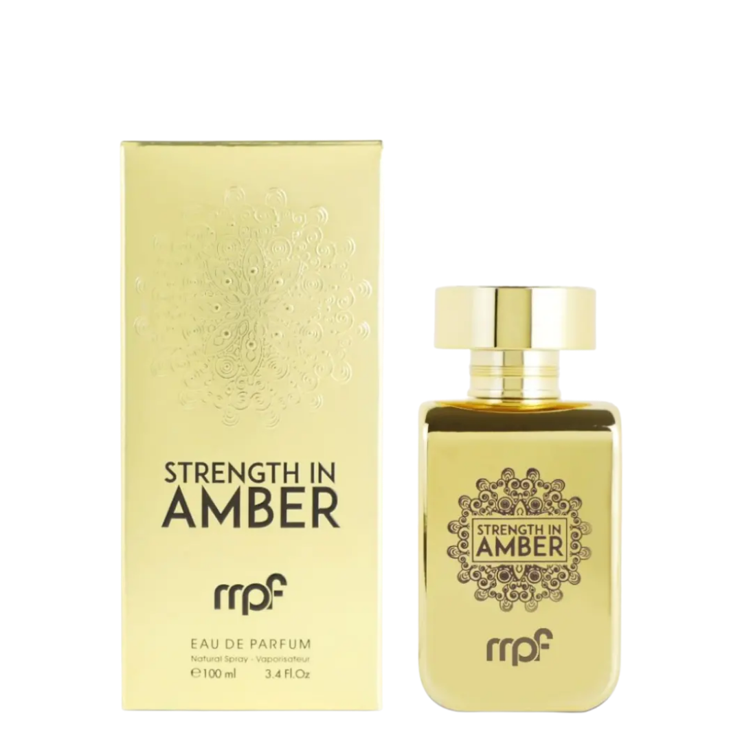 Gold 'Strength in Amber' perfume bottle and packaging on a white background. Strength in Amber by My Perfumes Mens Perfume