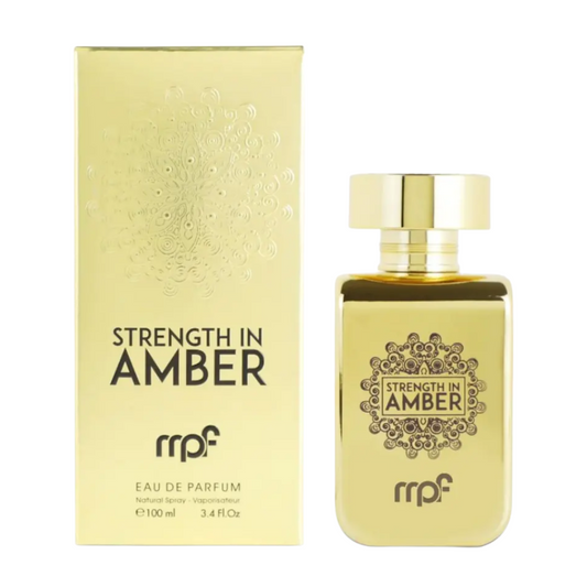 Gold 'Strength in Amber' perfume bottle and packaging on a white background. Strength in Amber by My Perfumes Mens Perfume