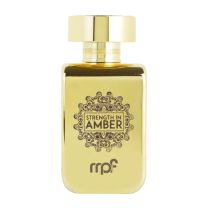 Gold perfume bottle labeled 'Strength in Amber' with 'rrpf' on a white background. Strength in Amber by My Perfumes Mens Perfume