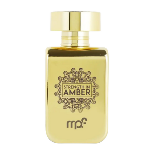Gold perfume bottle labeled 'Strength in Amber' with 'rrpf' on a white background. Strength in Amber by My Perfumes Mens Perfume