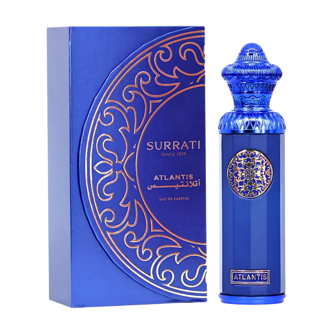 Blue Surrati Atlantis perfume bottle and packaging on a white background