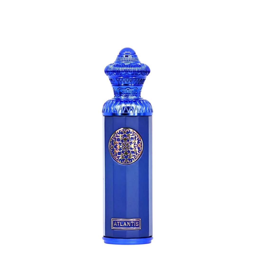 Blue perfume bottle with intricate design on a white background. Surrati Atlantis 140ml EDP Unisex Perfume