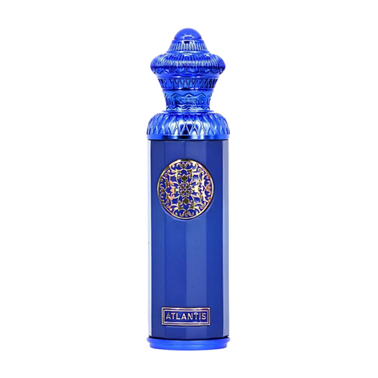 Blue perfume bottle with intricate design on a white background. Surrati Atlantis 140ml EDP Unisex Perfume