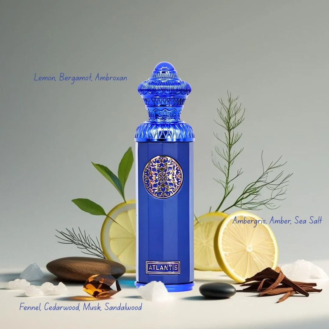 Blue perfume bottle with decorative elements on a gray background. Surrati Atlantis 140ml EDP Unisex Perfume