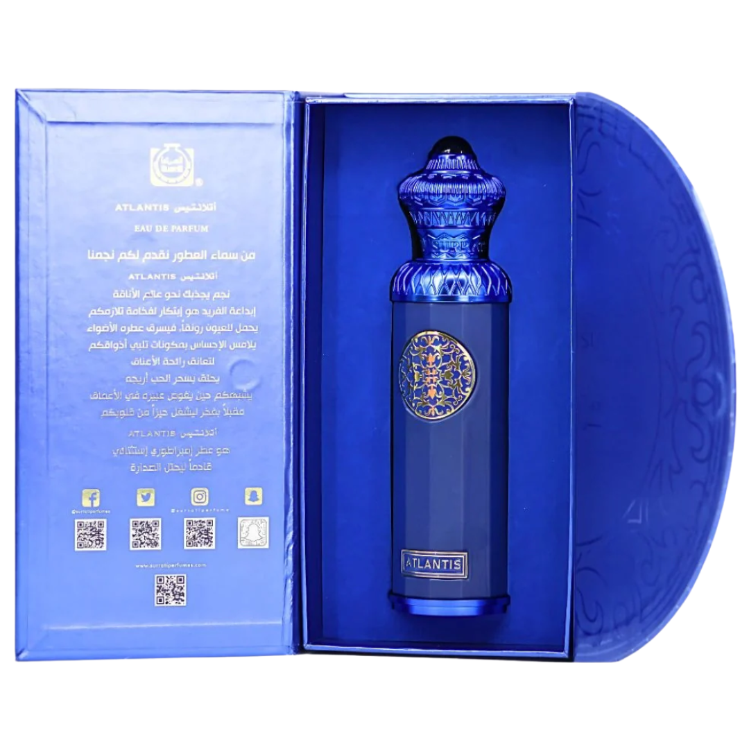 Blue perfume bottle with intricate design in a matching box on a white background. Surrati Atlantis 140ml EDP Unisex Perfume
