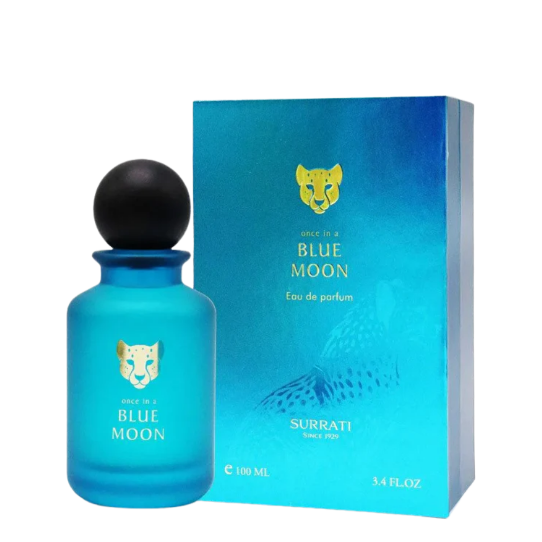 Blue Moon perfume bottle and packaging on a white background