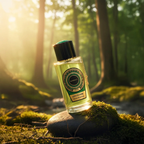 Surrati Collector perfume bottle angled on a forest floor.