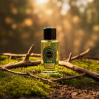 Surrati Collector perfume bottle among stones and wood in a forest setting.