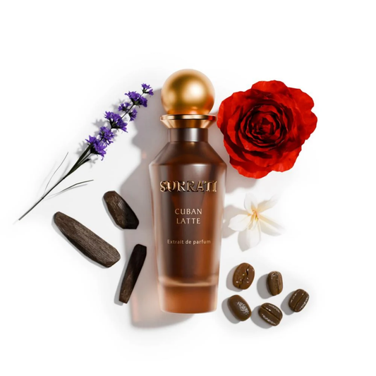 Surrati Cuban Latte perfume bottle with flowers and chocolate on a white background