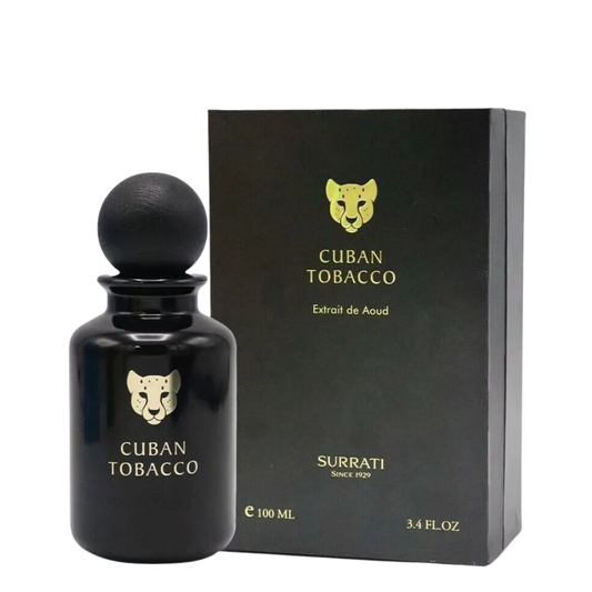 Black Cuban Tobacco perfume bottle and packaging on a white background