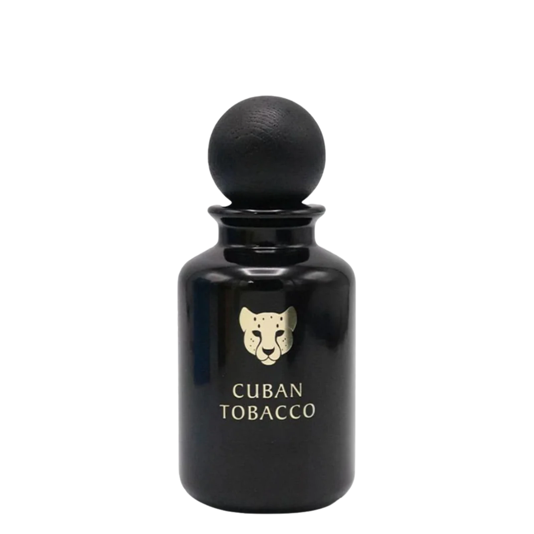 Black perfume bottle labeled 'Cuban Tobacco' with a cheetah logo on a white background