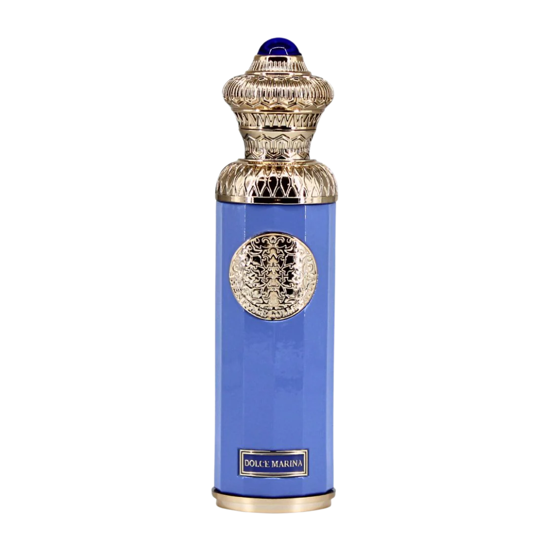 Blue perfume bottle with gold cap and decorative elements on a white background. Surrati Dolce Marina Unisex Perfume
