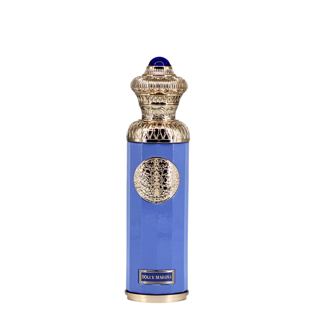 Blue perfume bottle with gold cap and decorative elements on a white background. Surrati Dolce Marina Unisex Perfume