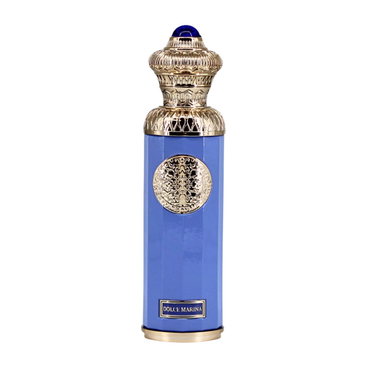 Blue perfume bottle with gold cap and decorative elements on a white background. Surrati Dolce Marina Unisex Perfume