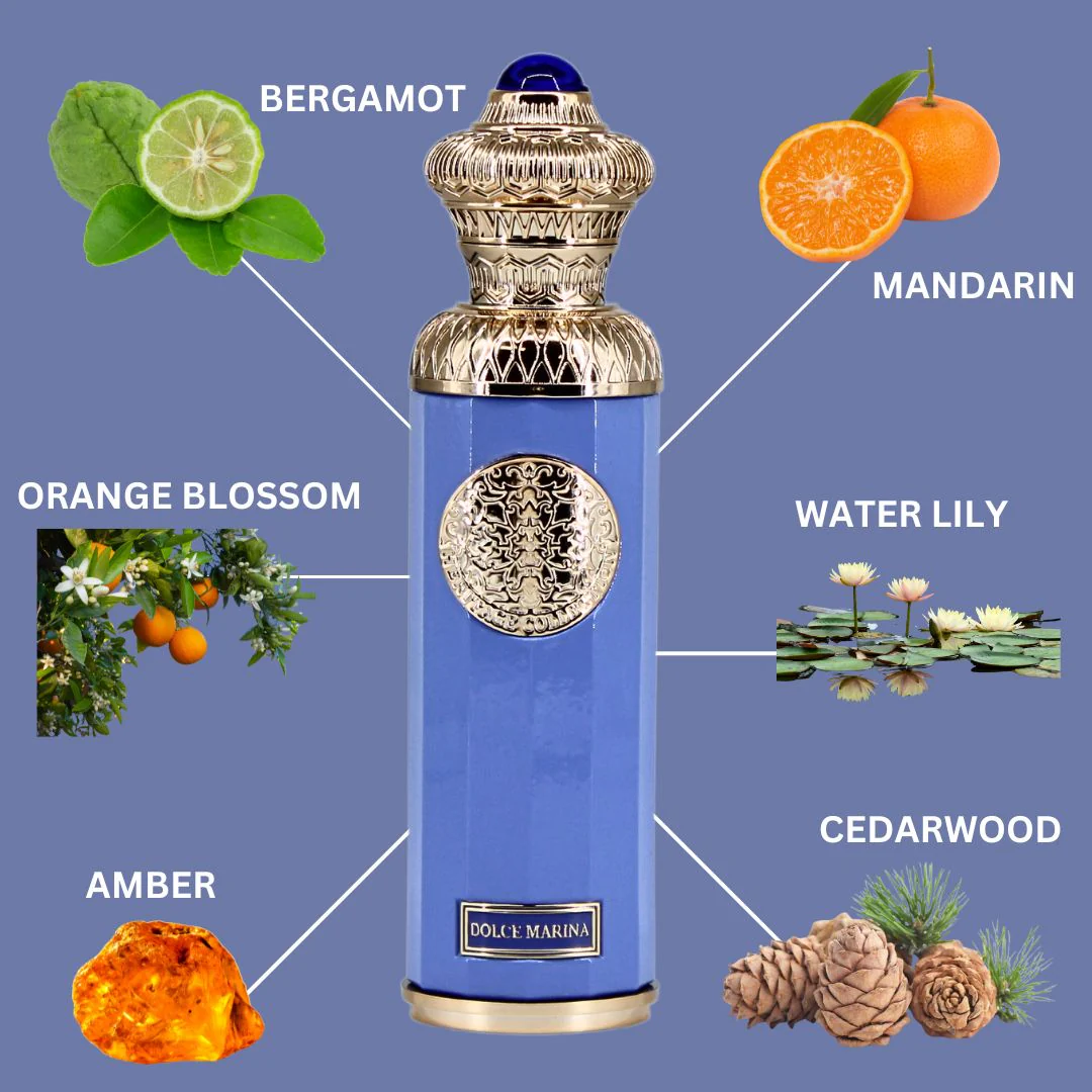 Blue perfume bottle with fragrance ingredients labeled on a blue background. Surrati Dolce Marina Unisex Perfume