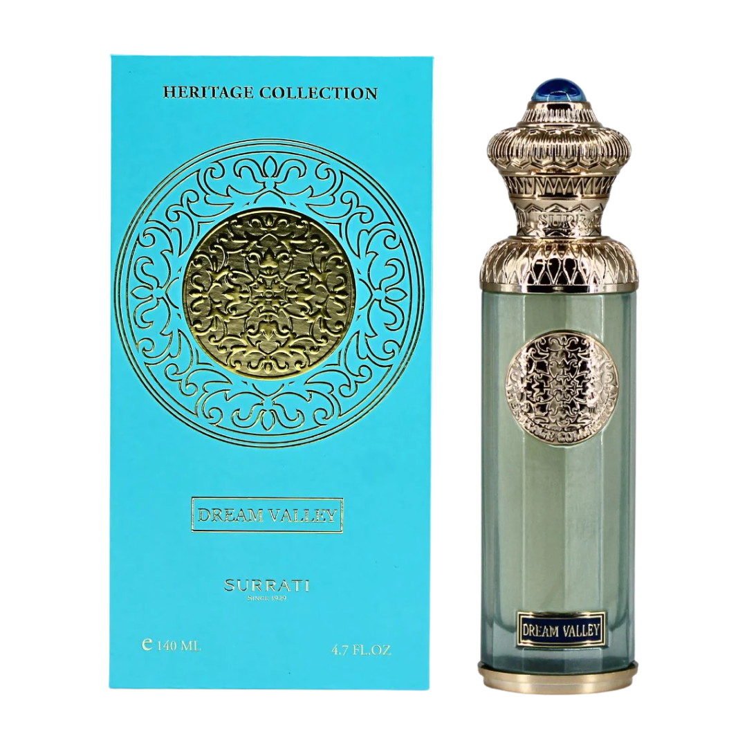 Perfume bottle and packaging of Dream Valley by Surrati from the Heritage Collection on a white background. Surrati Dream Valley Unisex Perfume
