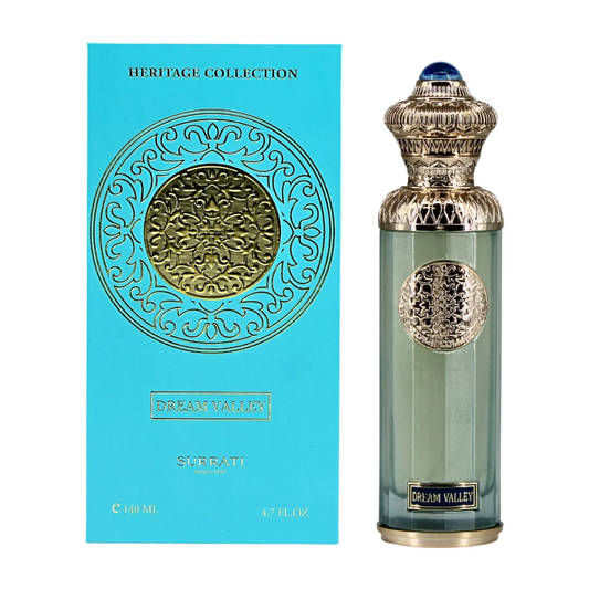Perfume bottle and packaging of Dream Valley by Surrati from the Heritage Collection on a white background. Surrati Dream Valley Unisex Perfume