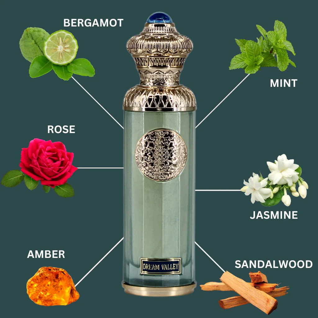 Perfume bottle with floral elements and labels for Bergamot, Mint, Rose, Jasmine, Amber, and Sandalwood on a dark green background. Surrati Dream Valley Unisex Perfume