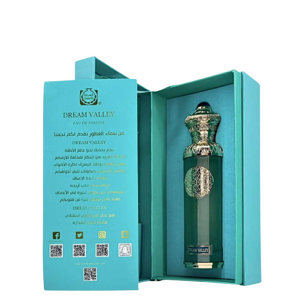 Dream Valley perfume bottle in a turquoise box on a white background. Surrati Dream Valley Unisex Perfume