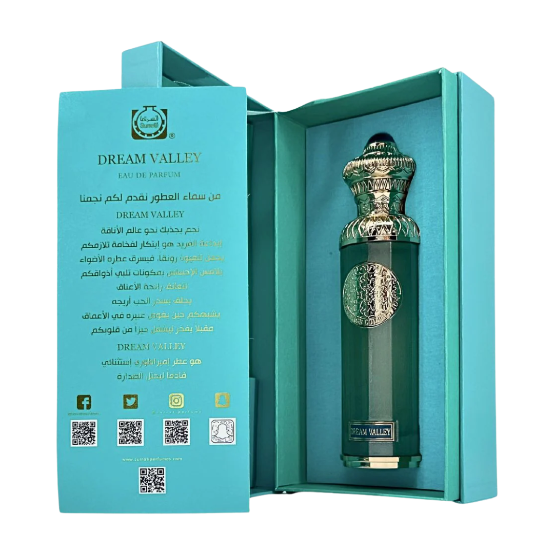 Dream Valley perfume bottle in a turquoise box on a white background. Surrati Dream Valley Unisex Perfume