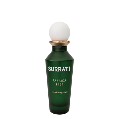 Green Surrati perfume bottle with white cap on a white background