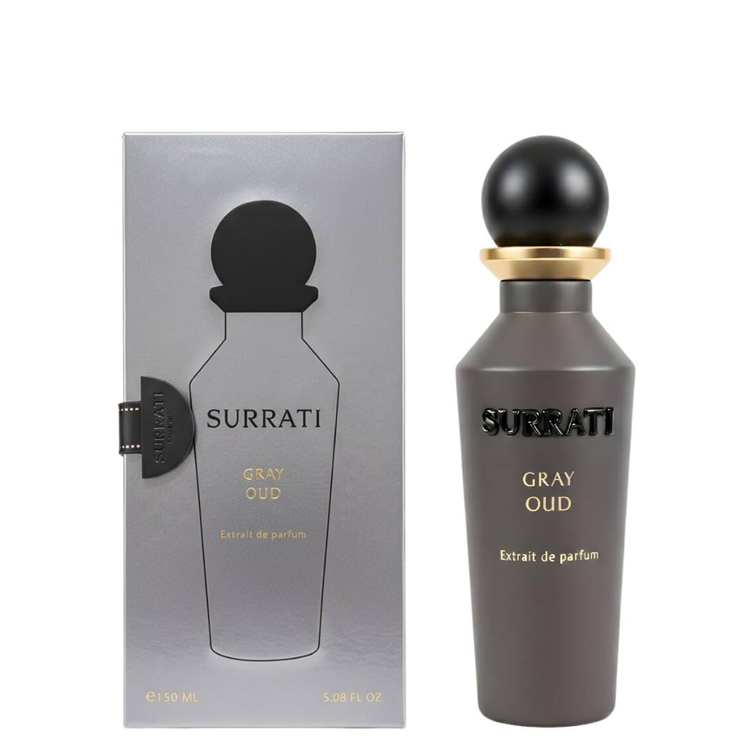 Surrati Gray Oud perfume bottle and packaging on a white background
