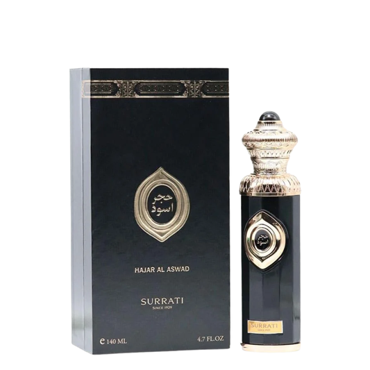 Hajar Al Aswad Surrati perfume bottle and packaging on a white background