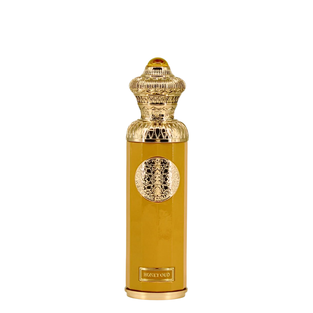 Gold perfume bottle with intricate design on a white background. Surrati Honey Oud Unisex Perfume